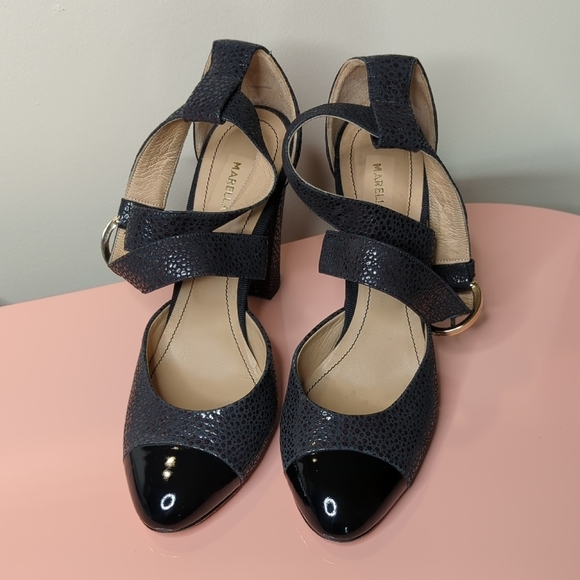 MARELLA Cap Toe Black Leather Block Heels Size 40/10 - Picture 2 of 16